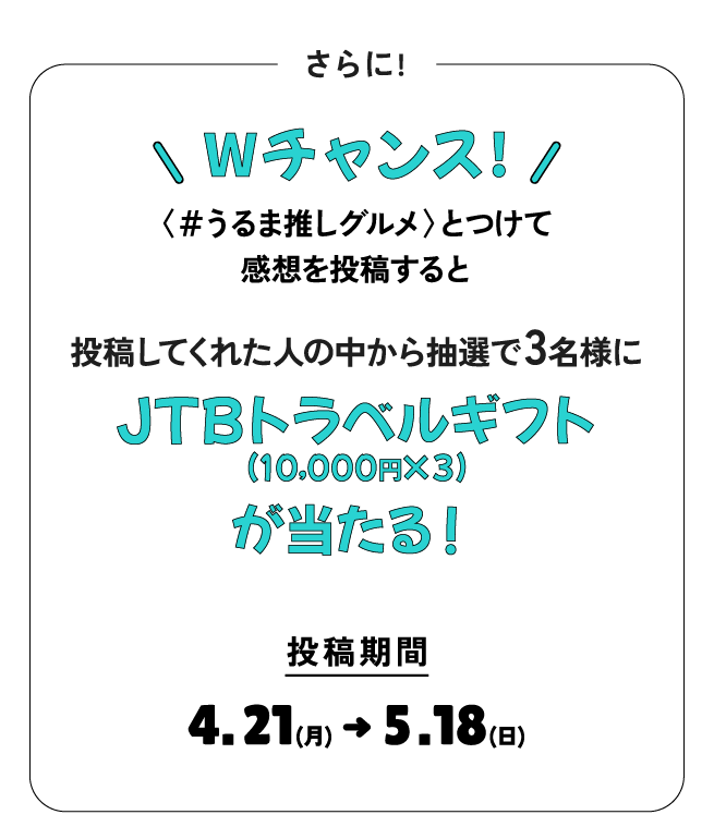 さらに!Wチャンス!〈＃うるま推しグルメ〉とつけて感想を投稿すると、投稿してくれた人の中から抽選で3名様にJTBトラベルギフト(10,000円×３)が当たる！投稿期間4.21(月) ～5.18(日)  