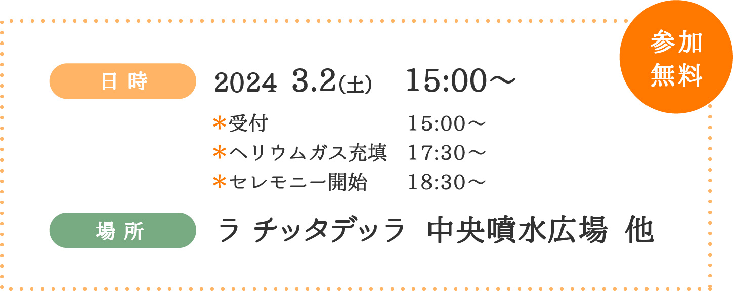 日時 2024 3.2（土） 15:00〜 受付15:00〜　ヘリウムガス充填17:30〜　セレモニー開始18:30〜　場所　ラチッタデッラ　中央噴水広場 他